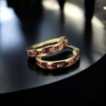 Elegant 14K Gold Red Swarovski and CZ Hoop Earrings