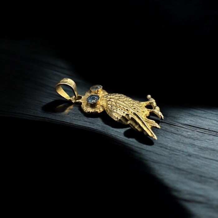 14K Gold Owl Pendant with Blue Painted Eyes - Image 2