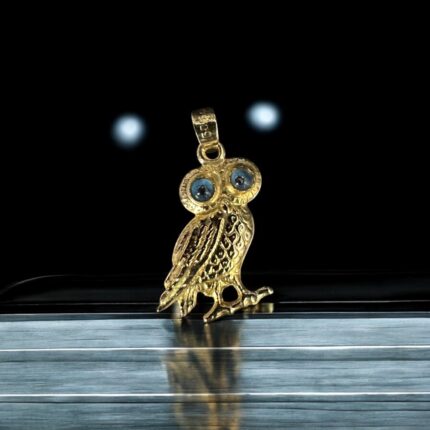 14K Gold Owl Pendant with Blue Painted Eyes