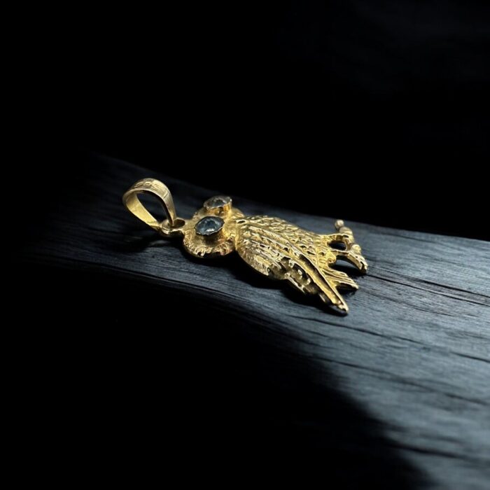 14K Gold Owl Pendant with Blue Painted Eyes - Image 3